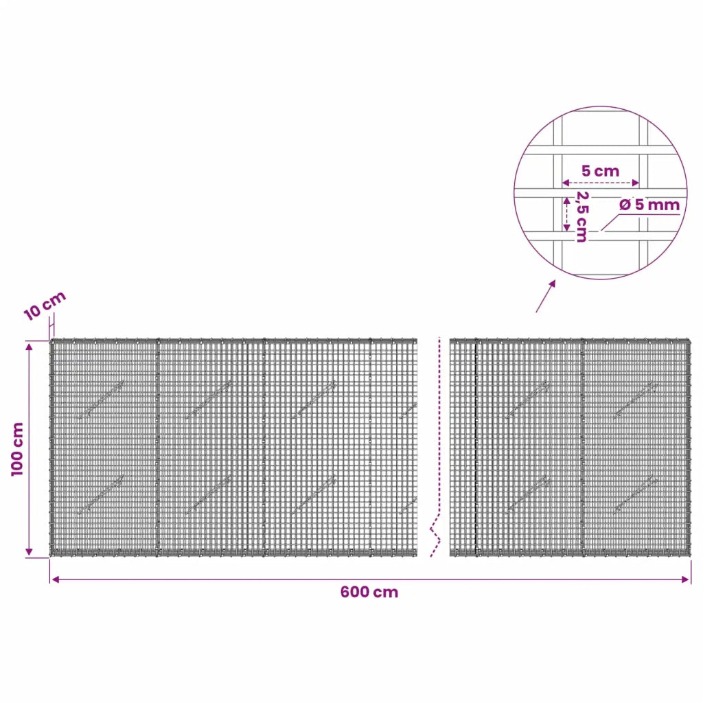 Gabione con Filo da 5 mm e Rete da 5x2,5 cm 600x10x100 cm 3463494