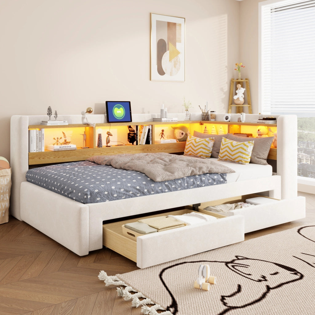 Divano letto estraibile 90x200 cm con LED, prese e cassetti
