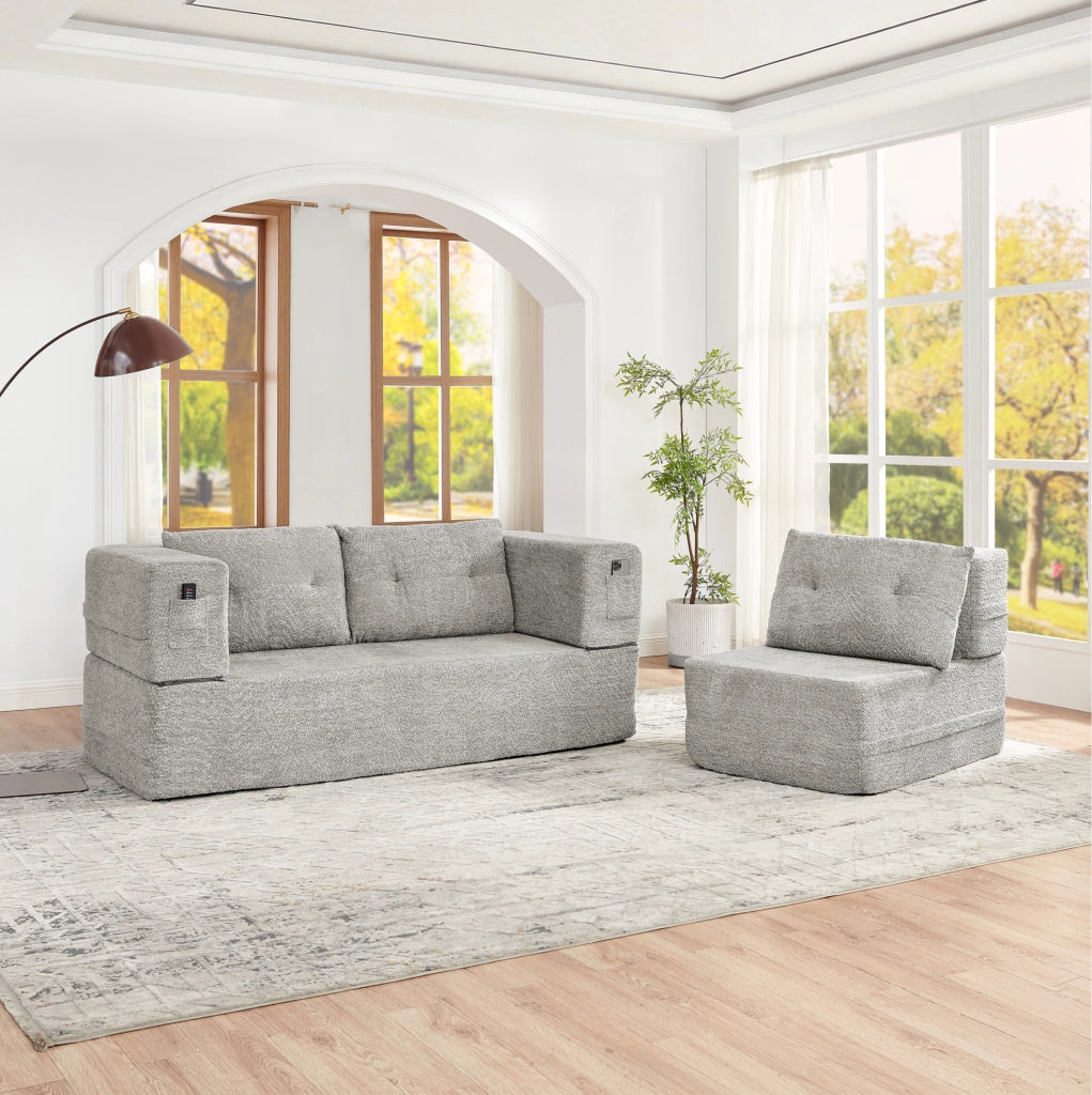 DIVANO modulare 2 posti trasformabile in letto con poltrona, grigio chiaro, set da 2 pezzi