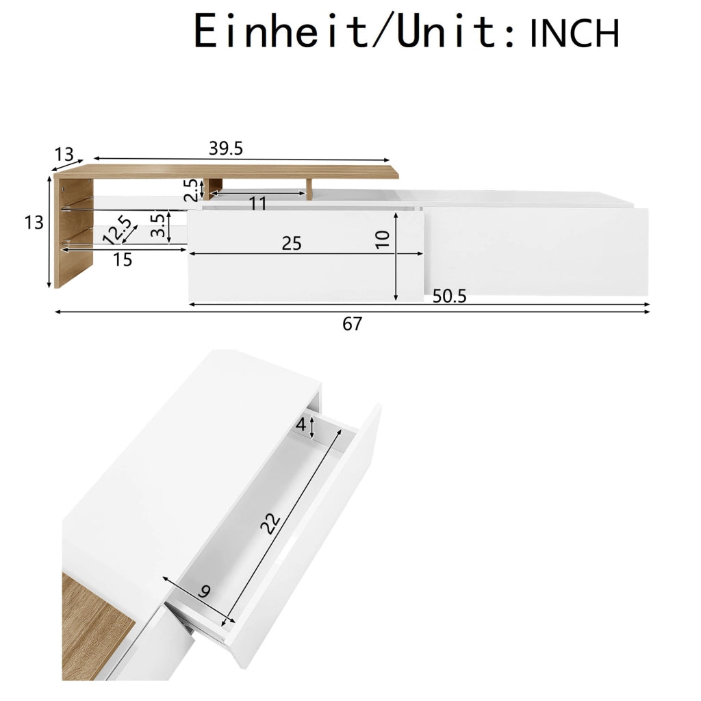 Mobile TV 170 x 33 x 33,5 cm bianco e legno, ripiani in vetro, LED