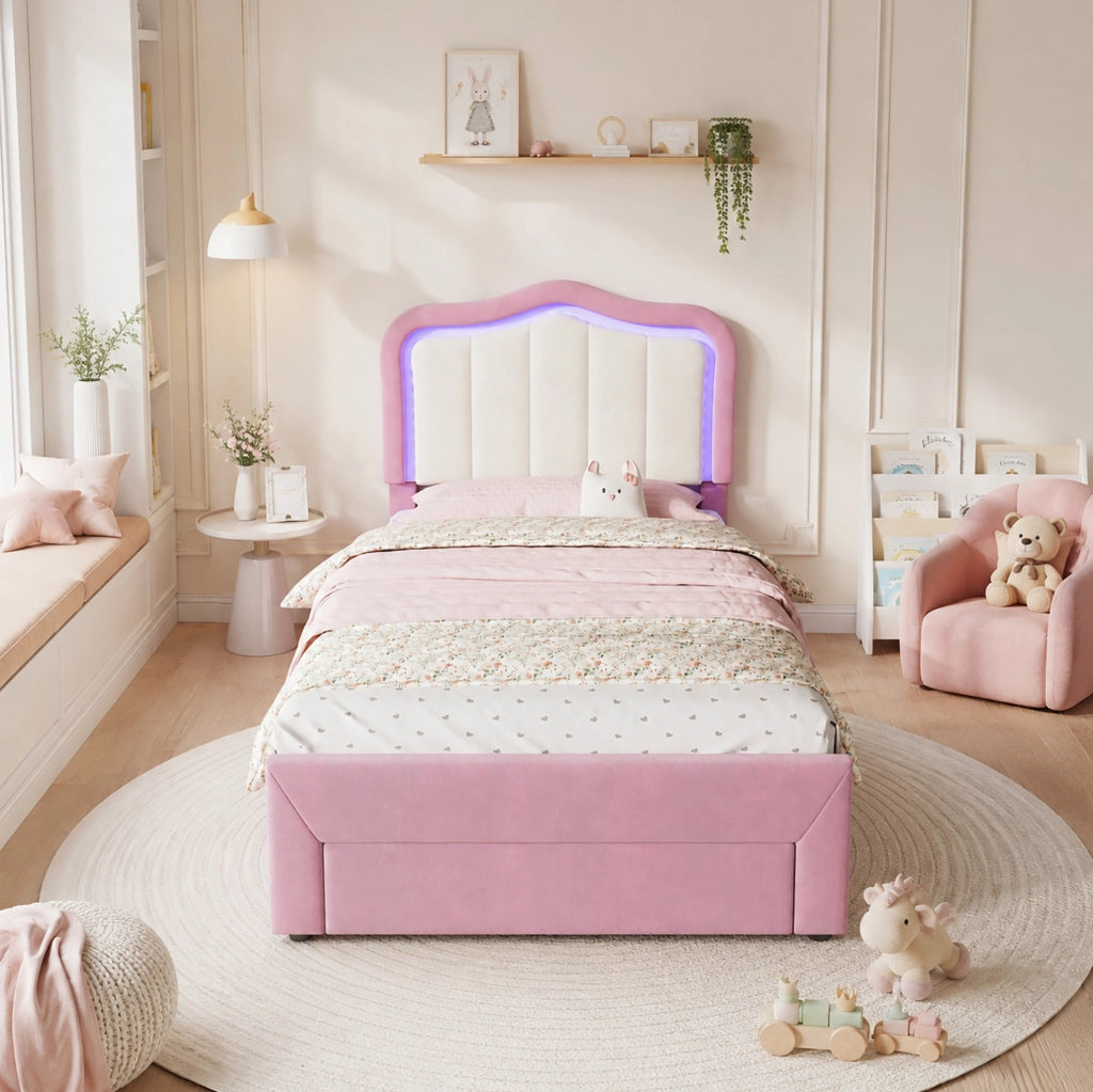 Letto singolo imbottito rosa 90 x 200 cm con cassetto e LED