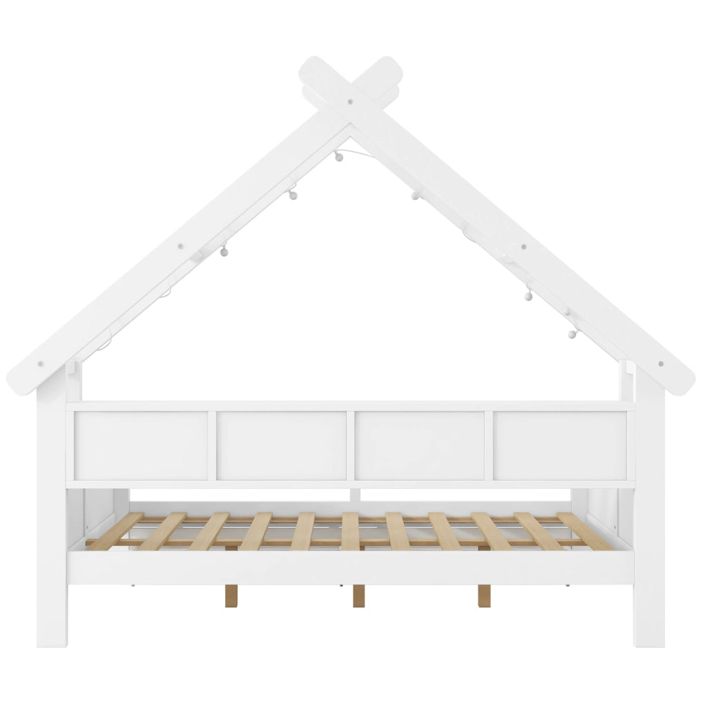 LETTO a casetta 140x200 cm bianco con LED, ripiani, 2 cassetti e sponda