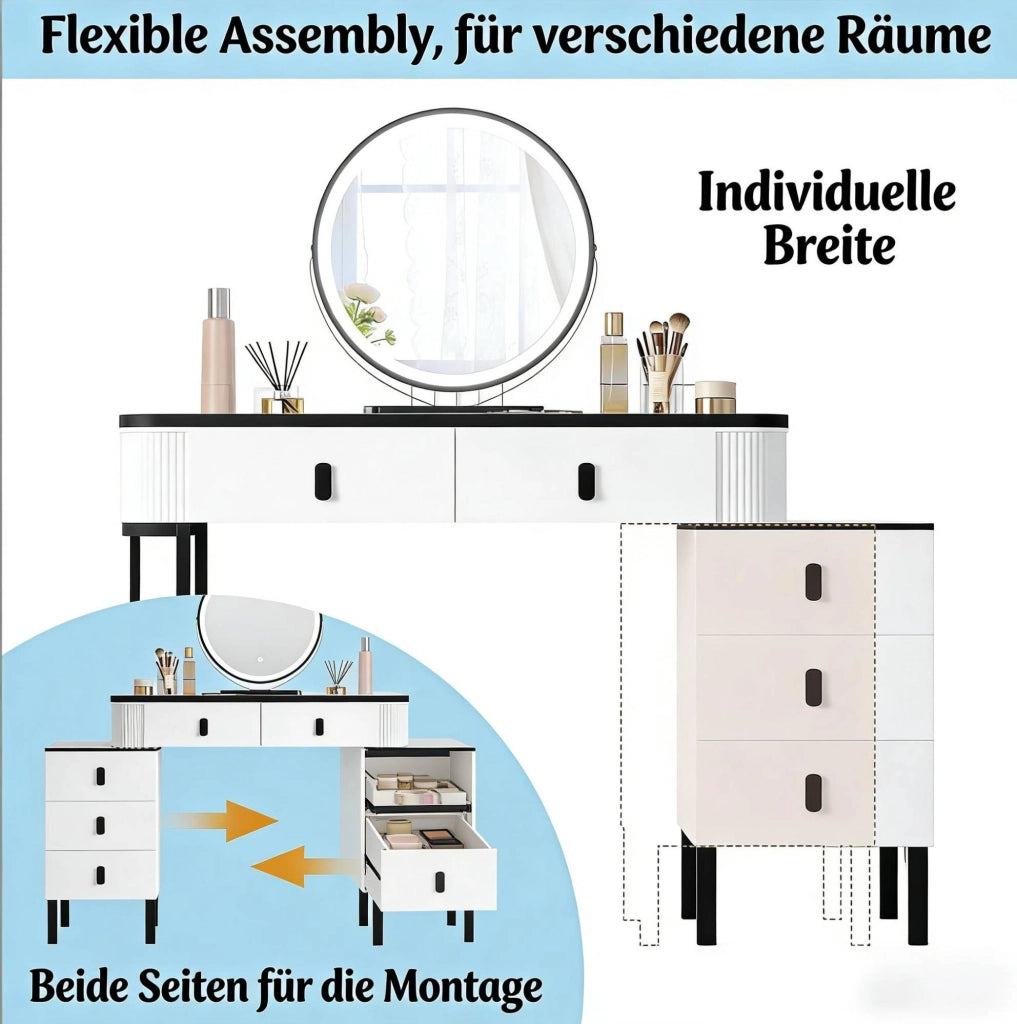 Toeletta con specchio LED, 5 cassetti e sgabello bianco e nero