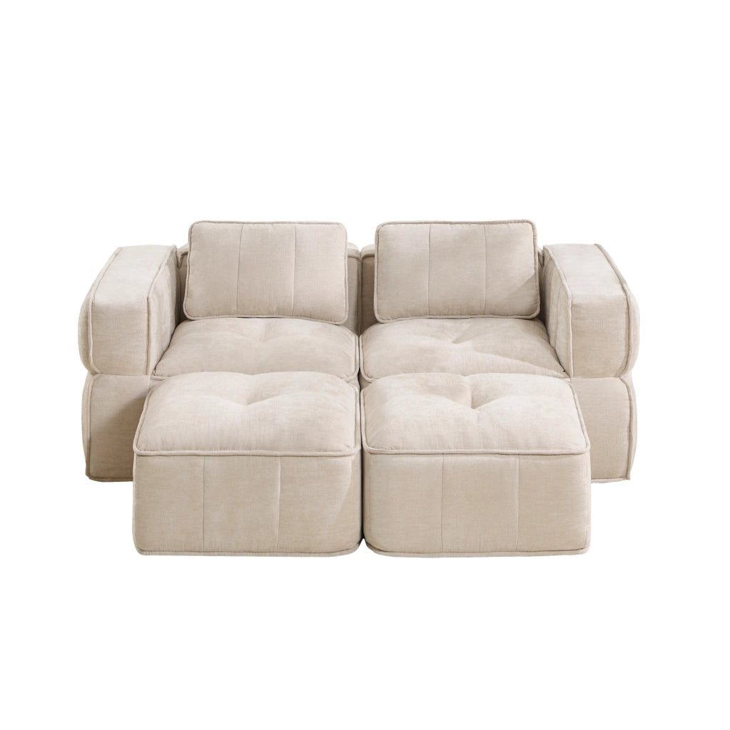 Divano modulare a due posti con pouf, seduta profonda e rivestimento beige