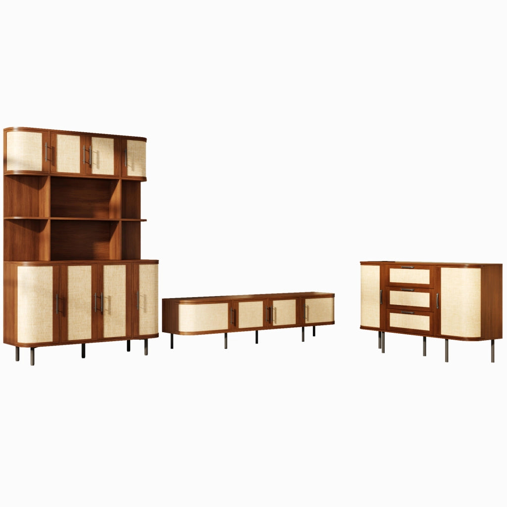 Set di mobili color noce con mobile TV, credenza e armadio alto