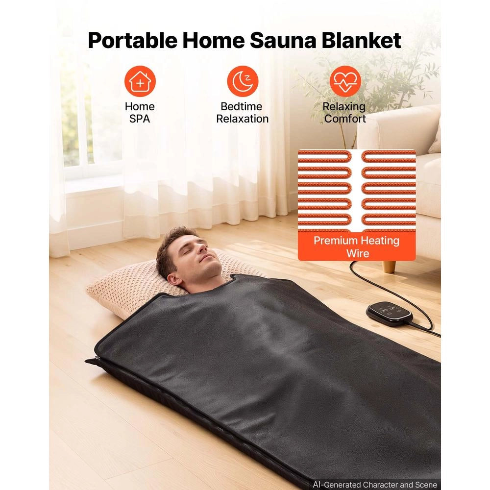 Coperta e Sacco Sauna a Infrarossi SF-2607 Pelle PU Nera 185x90cm, Portatile con Pietre Minerali e Borsa, Temperatura e Timer Regolabili, 650 W 220 V