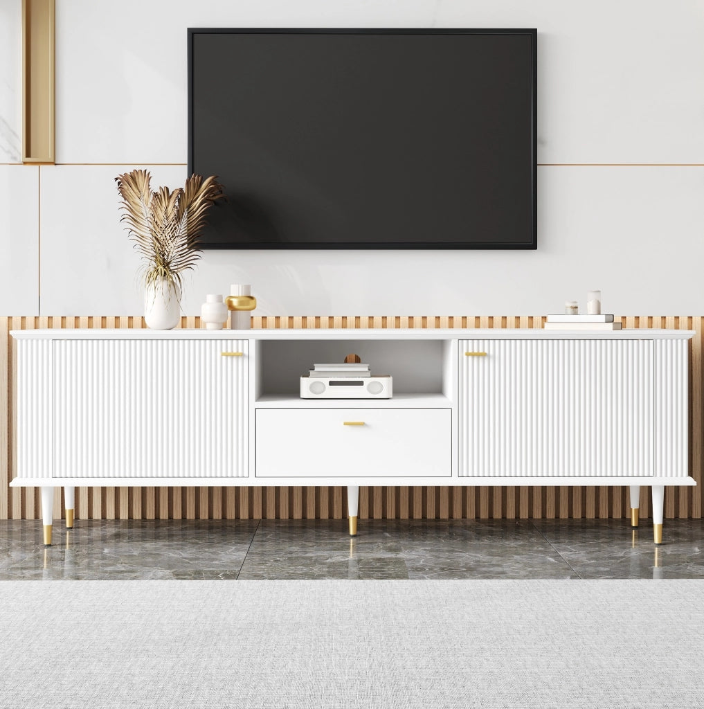 Mobile TV 170x36x54 cm in MDF bianco, contenitori, passacavi e chiusura soft-close
