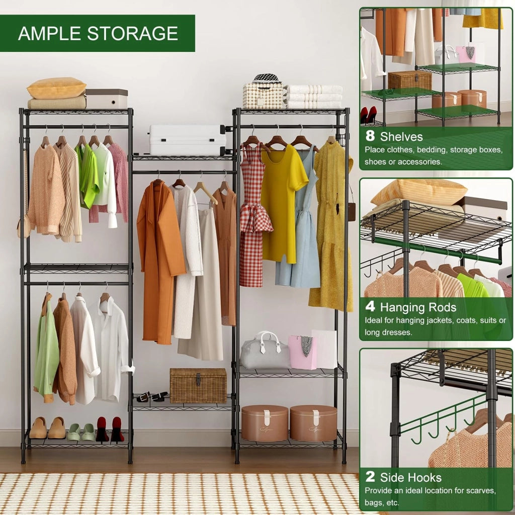 Stand Appendiabiti Guardaroba 171x45x190 cm con 4 Aste e 8 Ripiani Portata 200 kg