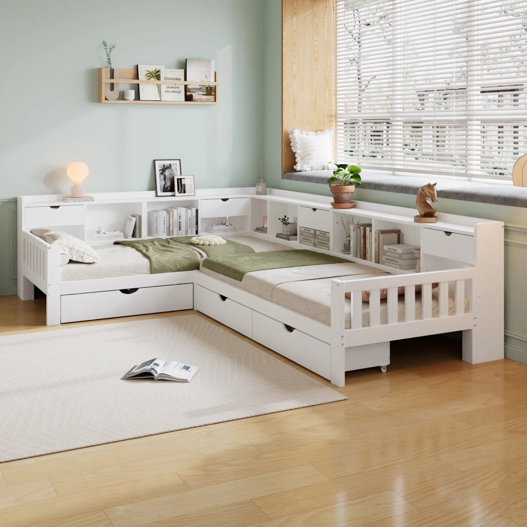 Letto per bambini a L 90x200 cm; 2 posti letto; contenitore; ripiani e 3 cassetti; in legno; bianco