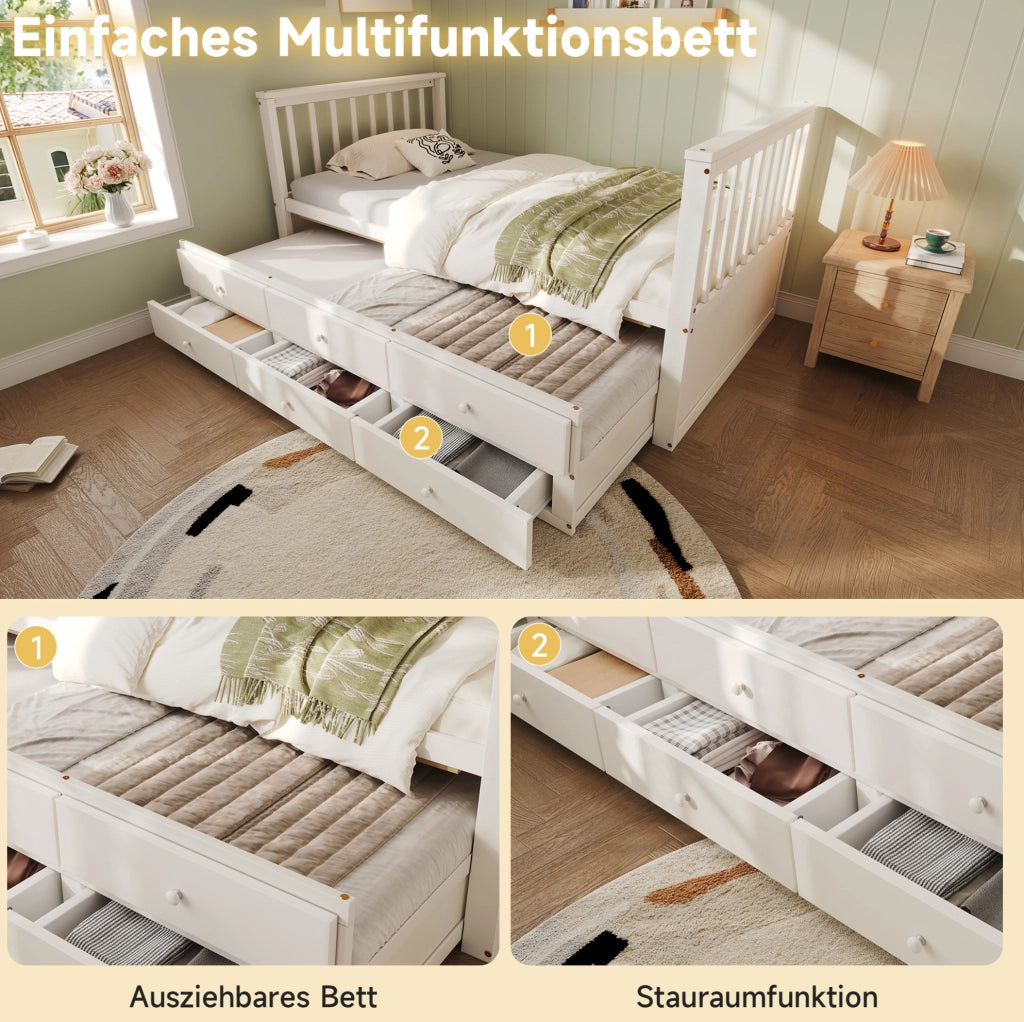 Letto singolo bianco 90x200 cm con estraibile e 3 cassetti