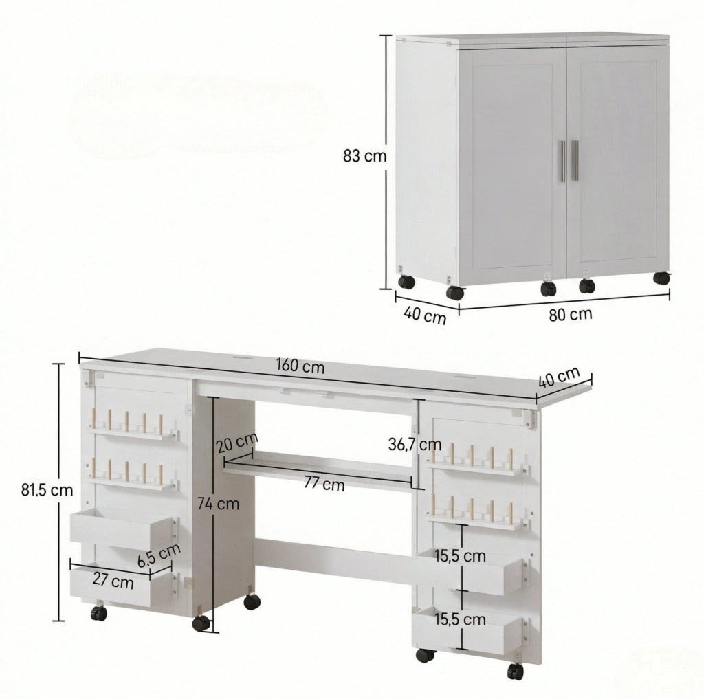 Tavolo da cucito pieghevole 160x40x81,5 cm bianco con contenitori