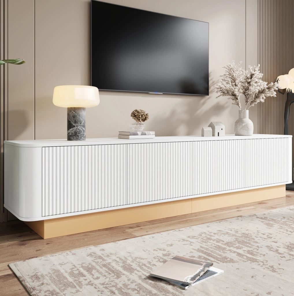 Mobile TV 200 cm Bianco in MDF con 4 Ante, Ripiani Regolabili e Angoli Arrotondati