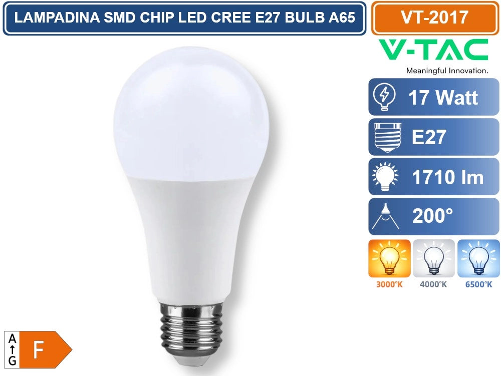 10 PEZZI V-TAC VT-2017 LAMPADINA LED E27 17W A65 GOCCIA SMD CHIP CREE TERMOPLASTICA - Colore Luce:Bianco Naturale