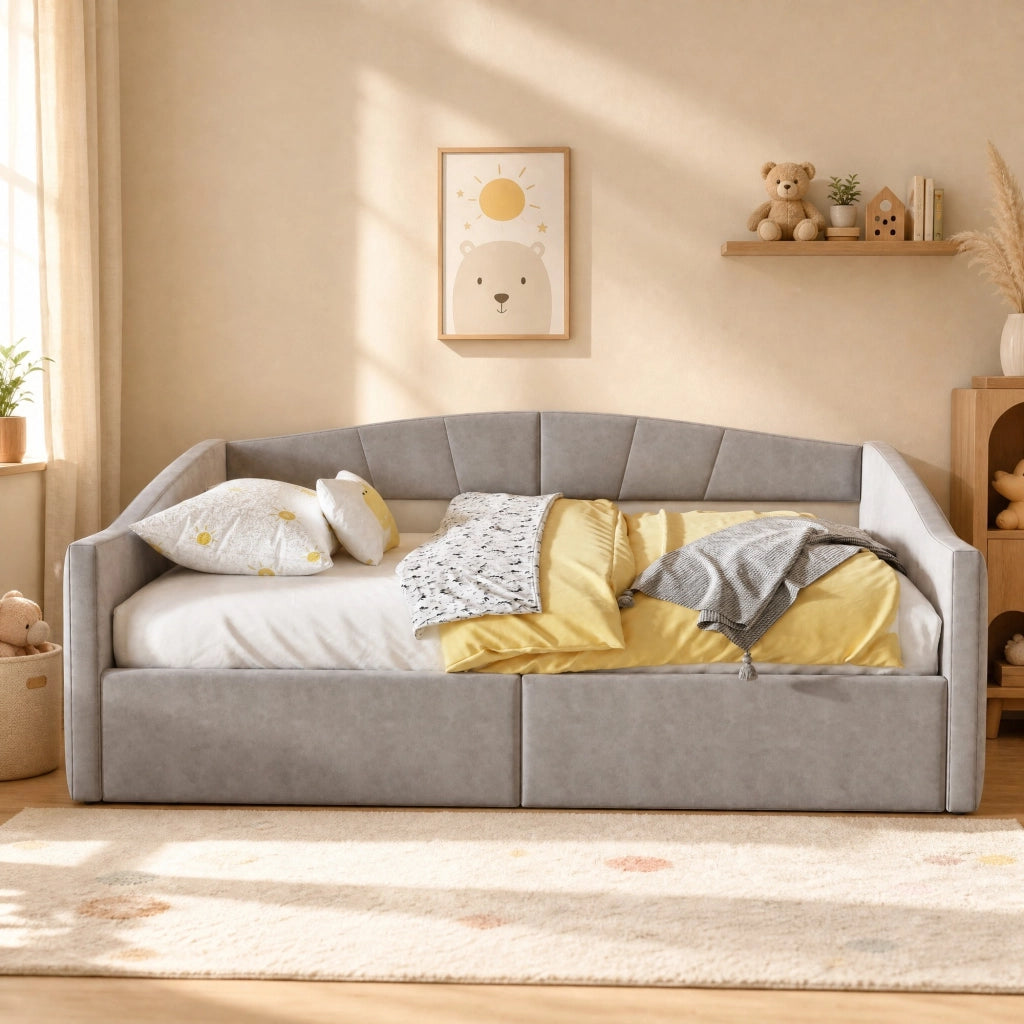 Letto imbottito 140x200 cm con contenitore idraulico e rete a doghe in velluto grigio chiaro