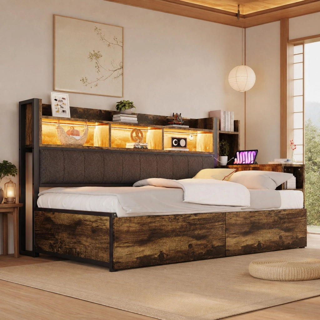 Letto con cassetti 90 × 200 cm con scrivania estraibile prese integrate e vani contenitore