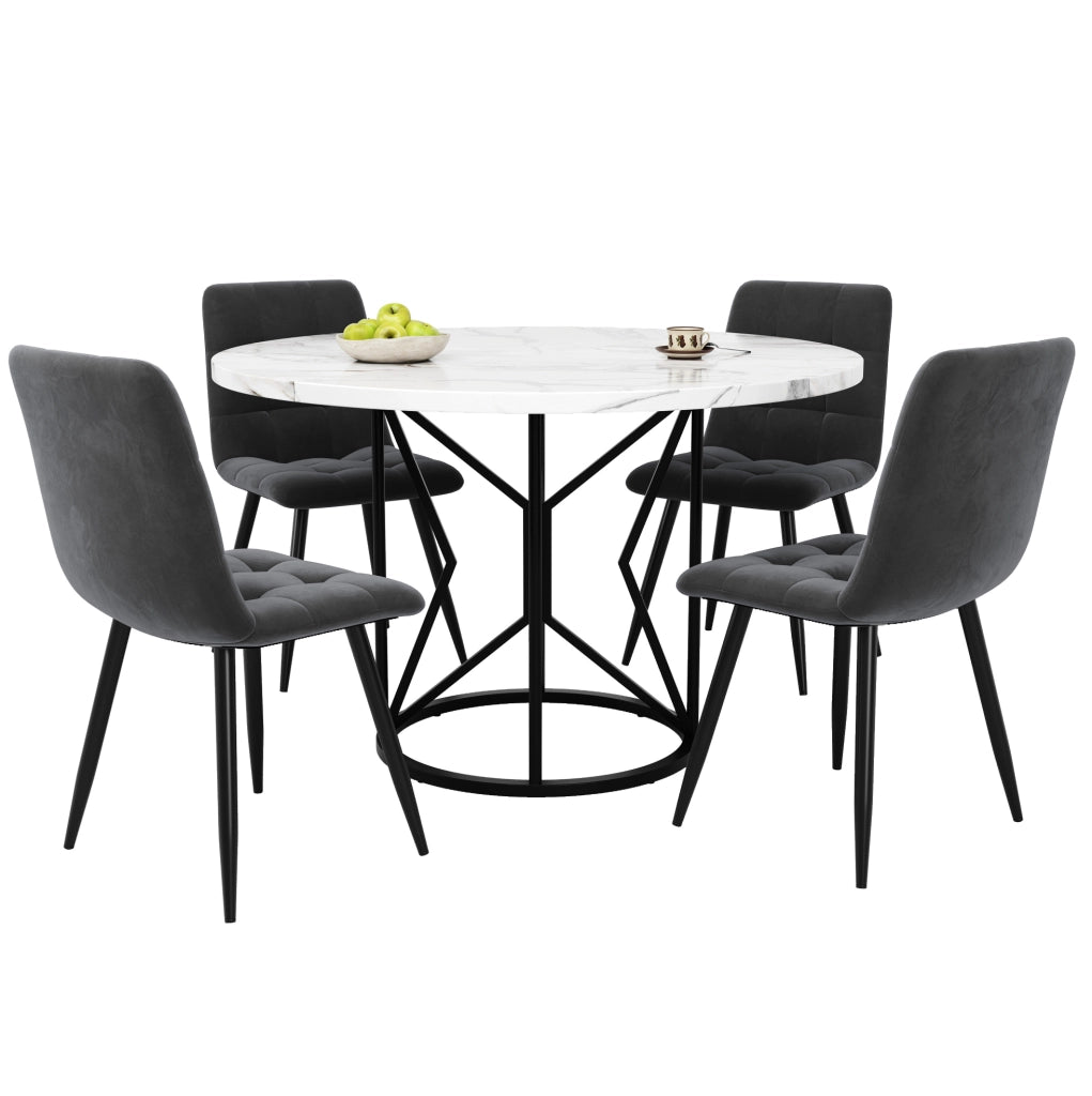 Set tavolo da pranzo rotondo con 4 sedie in velluto 100x100x76 cm; con piano in MDF e gambe in metallo; nero