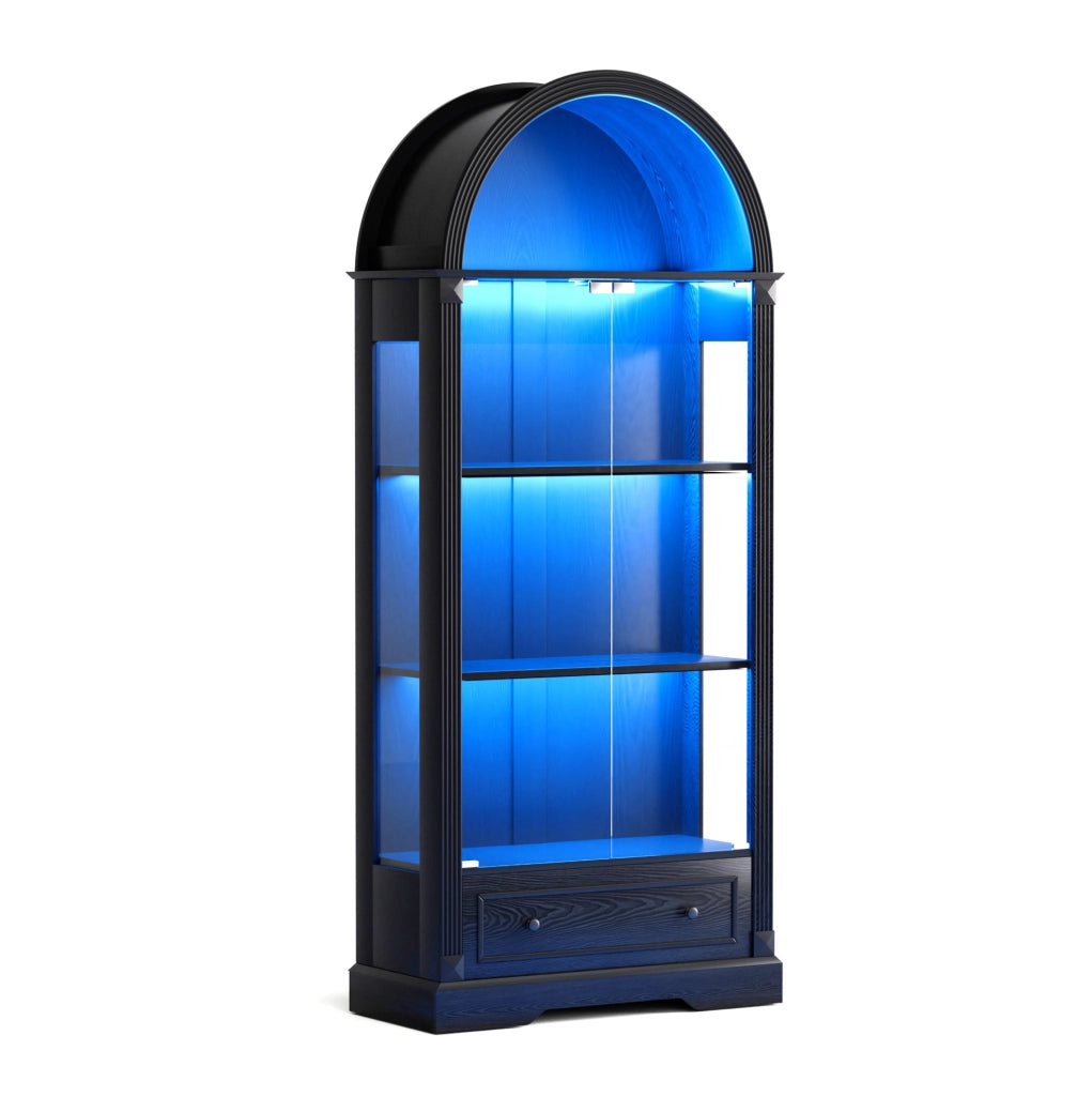Vetrina ad Arco con Ante in Vetro Temperato e LED a Sensore di Movimento in Legno e Vetro 180 cm Nera per Soggiorno