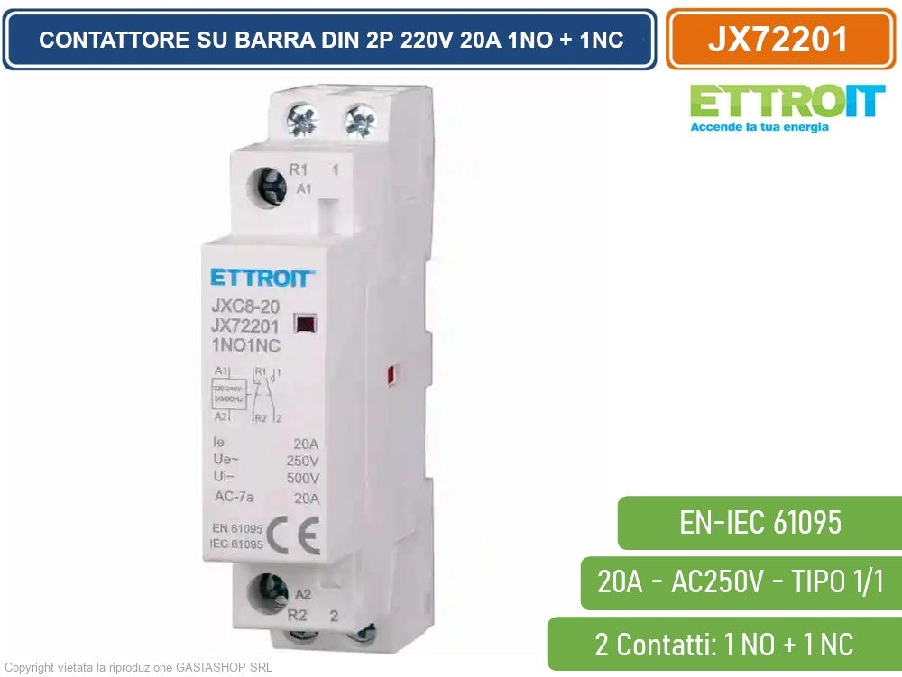 ETTROIT -  CONTATTORE MODULARE SU BARRA DIN 2P BIPOLARE  220V 20A 1 CONTATTO APERTO NO + 1 CONTATTO CHIUSO NC TIPO 11