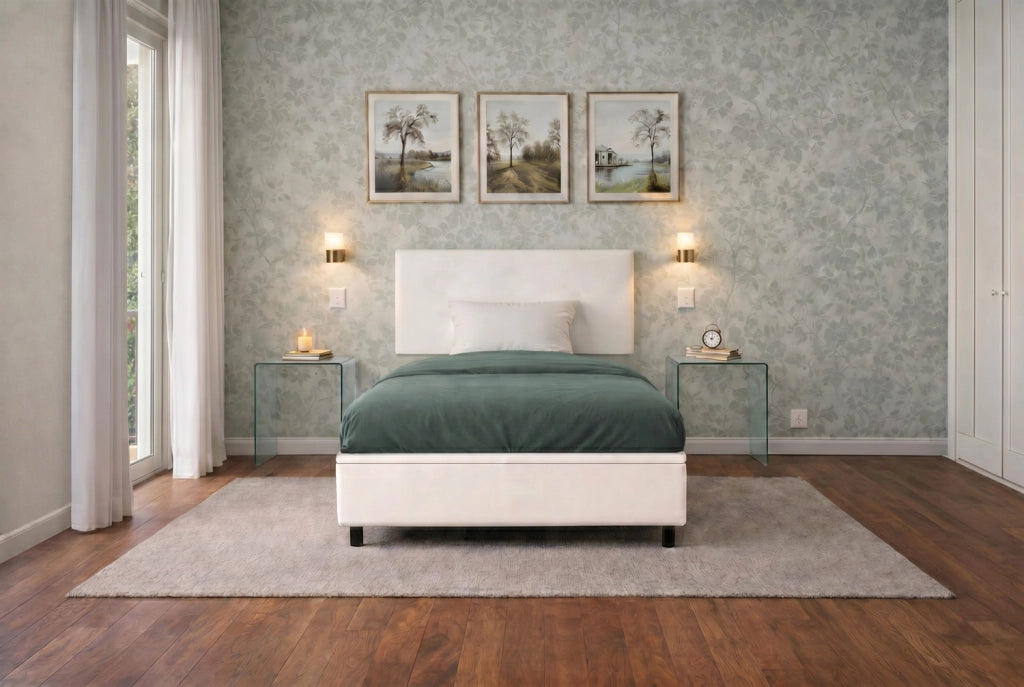 Letto 1 Piazza e Mezza Contenitore Imbottito 120x200 cm Similpelle Bianco Boxmax Testata Flat