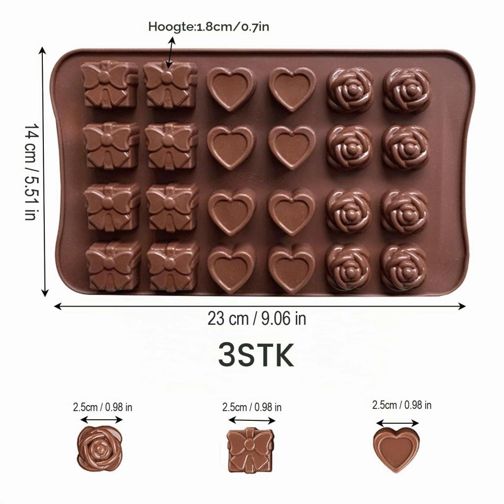 Set di 3 stampi in silicone per cioccolatini, con 24 cavità, a forma di cuore, rosa e scatola regalo
