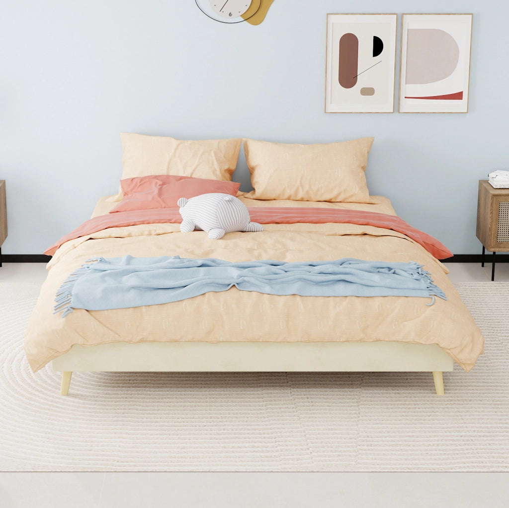 LETTO 160x200 cm in tessuto beige con rete a doghe in legno