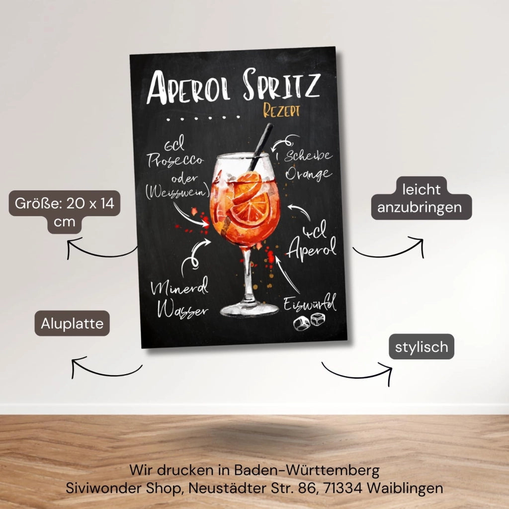 Targhetta per ricetta di cocktail, Aperol Spritz, 20 x 14 cm, metallo, decorazione