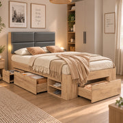 Letto singolo 90x200 cm con cassetti e comodini estraibili; in MDF color naturale per cameretta