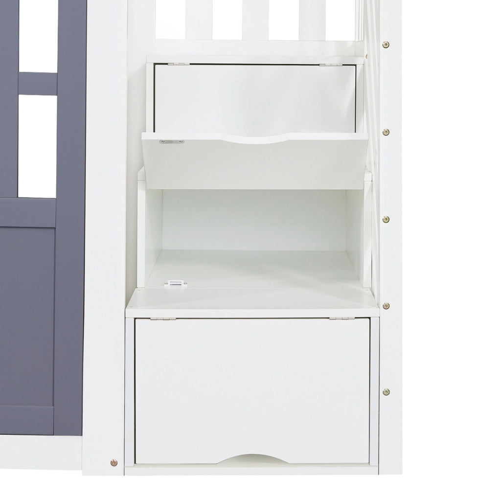 Letto a soppalco per bambini 90x200 cm a casetta bianco e blu