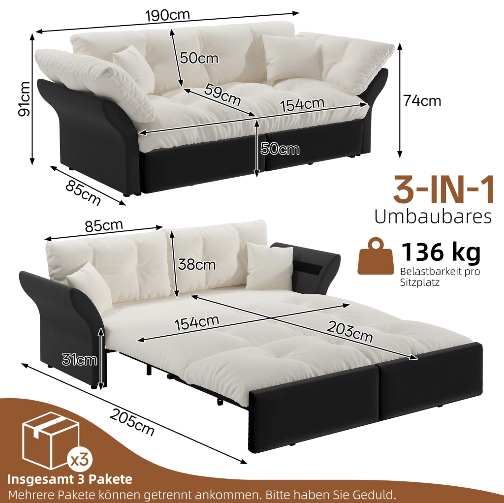 DIVANO Letto estraibile 3 in 1 190 cm in velluto beige con 2 cuscini