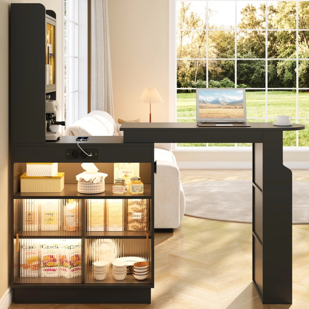 Tavolo bar allungabile con mobile contenitore, LED e prese, nero