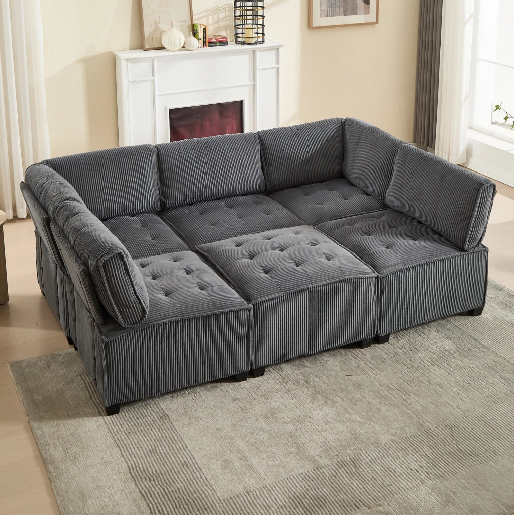 Divano modulare a 6 posti in velluto a coste grigio, 308 x 154 x 81,99 cm
