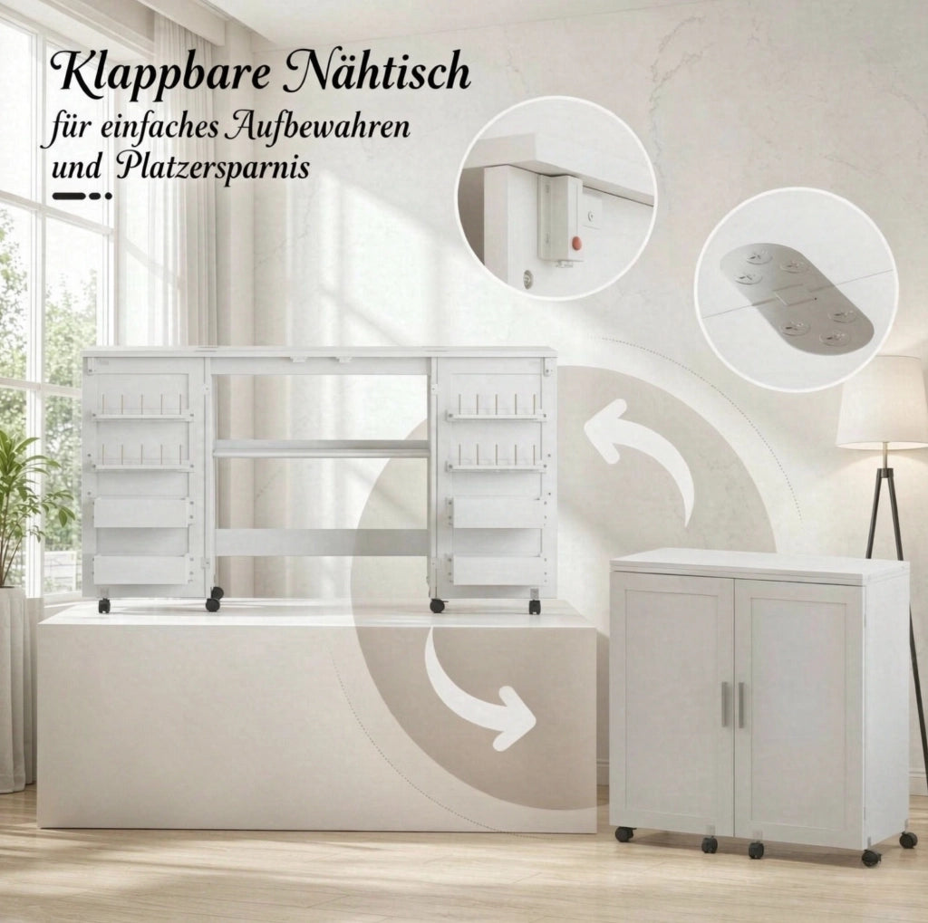 Tavolo da cucito pieghevole 160x40x81,5 cm bianco con contenitori