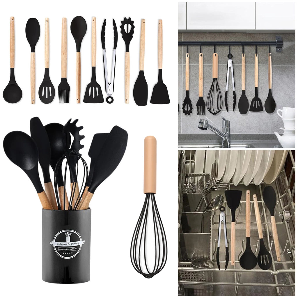 Set di 12 utensili da cucina in silicone nero con supporto