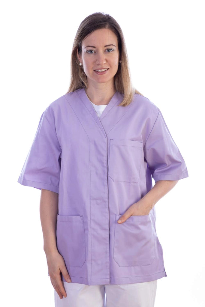 Camice da laboratorio color lavanda, taglia XL, scollatura a V, maniche corte, con 5 bottoni, 60% cotone
