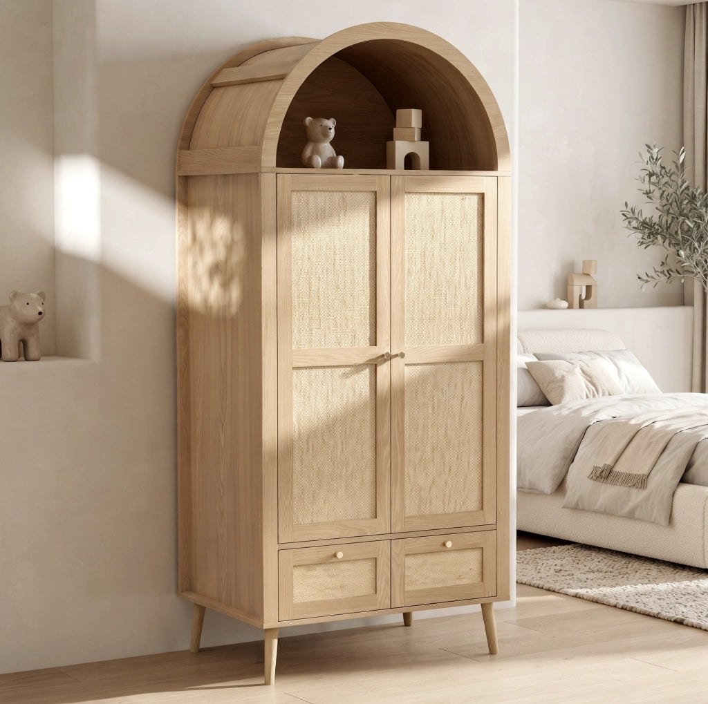 Armadio ad arco effetto rovere e rattan con 2 cassetti