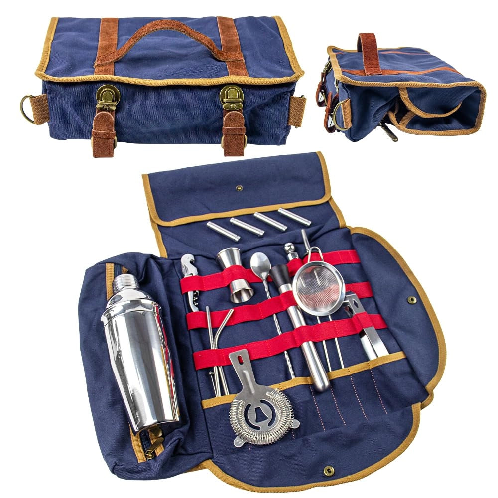 Set da bar completo, 24 pezzi, con borsa e supporto in bambù