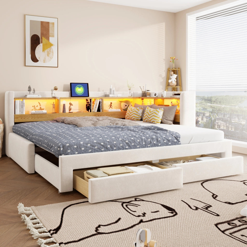 Divano letto estraibile 90x200 cm con LED, prese e cassetti