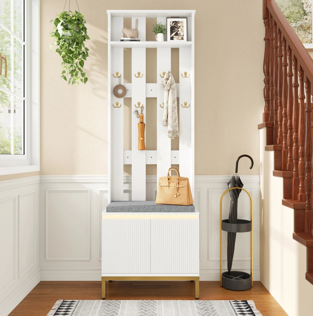 Mobile da ingresso 60x35;5x191;5 cm con panca; scarpiera LED in MDF e truciolare bianco