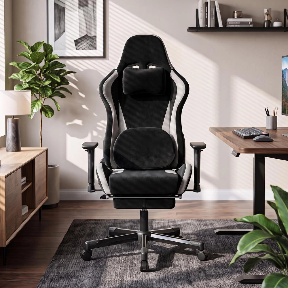 Sedia da gaming ergonomica con massaggio e riscaldamento, poltrona regolabile con braccioli 3D e tessuto effetto lino