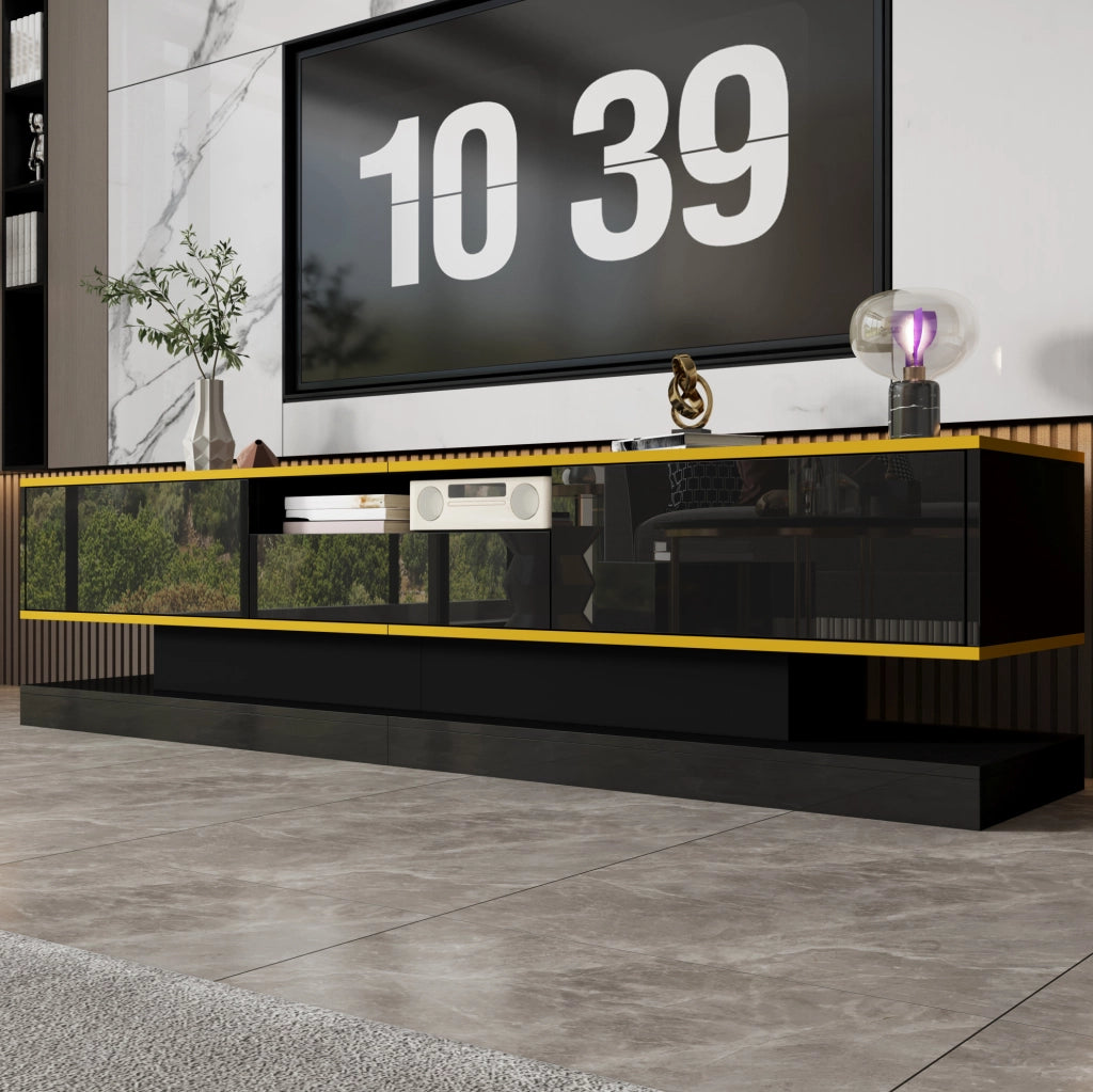 Mobile TV moderno nero lucido con tre cassetti e vano aperto, LED multicolore, 180x38x45 cm