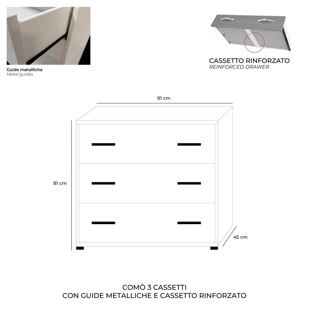 Comò 3 cassetti colore olmo 91x45x81H