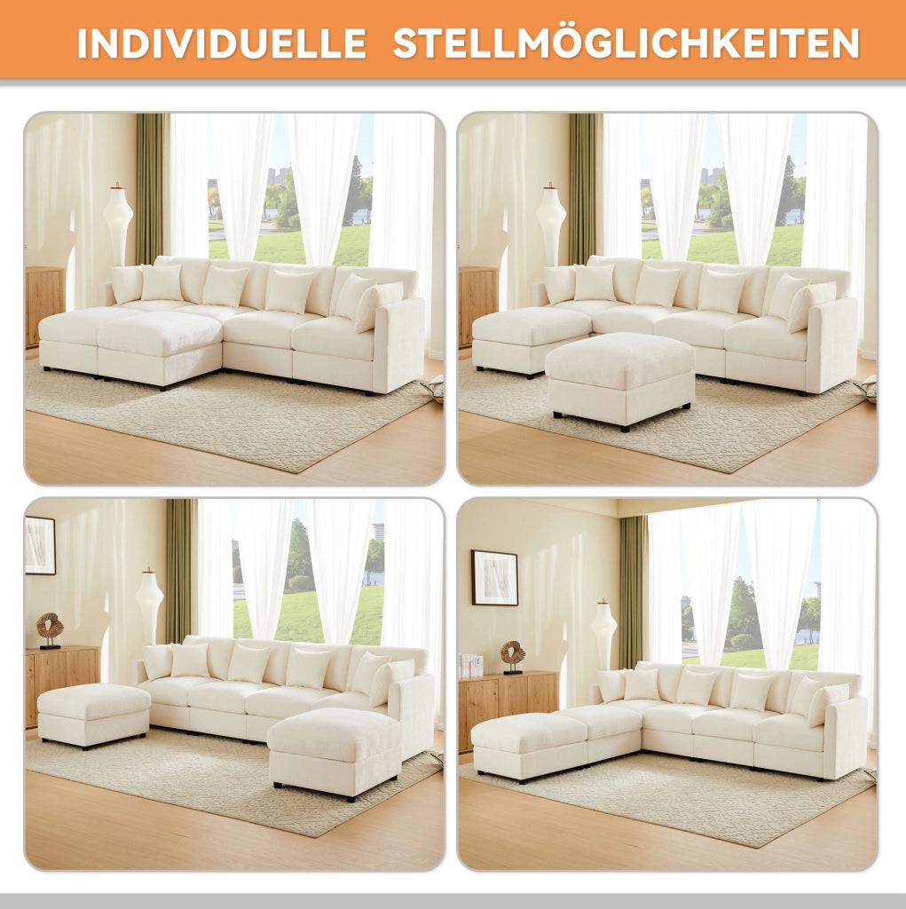 Divano modulare in ciniglia beige 4-6 posti con 2 pouf
