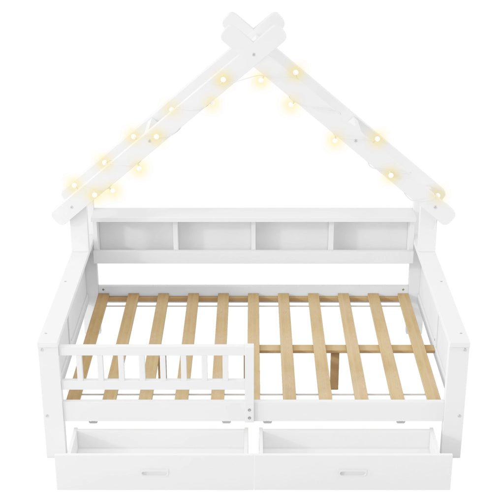 LETTO a casetta 140x200 cm bianco con LED, ripiani, 2 cassetti e sponda