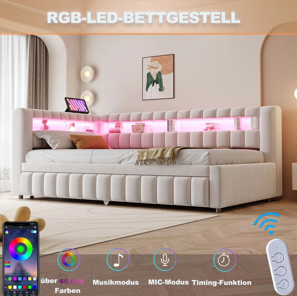 Divano letto estraibile 90x200 cm beige con LED, USB-C e 2 materassi