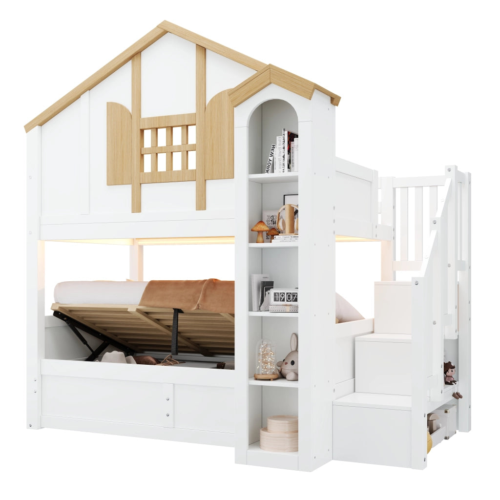 Letto a castello per bambini 90x200 con contenitore idraulico; scala e LED; pino e MDF; bianco e naturale