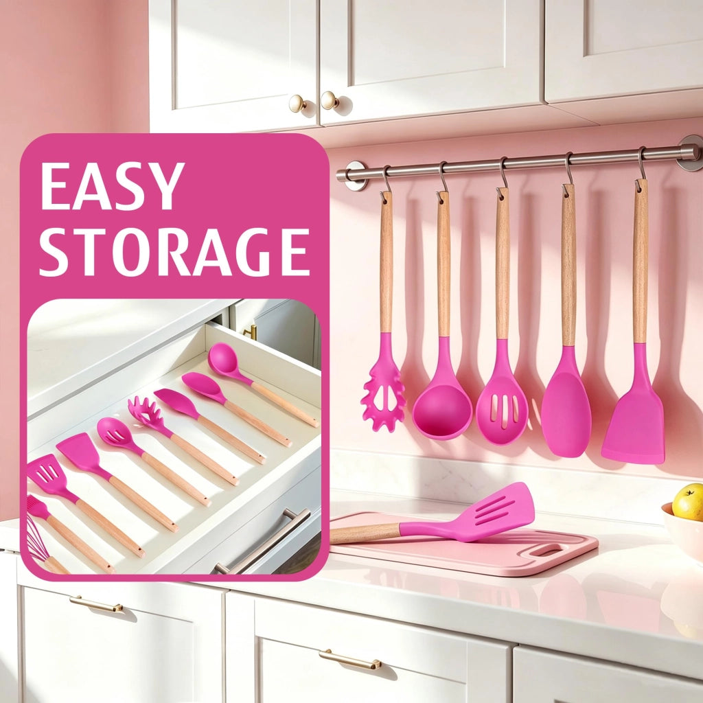 Set di accessori da cucina, 10 pezzi, in silicone, con manici in legno, colore rosa