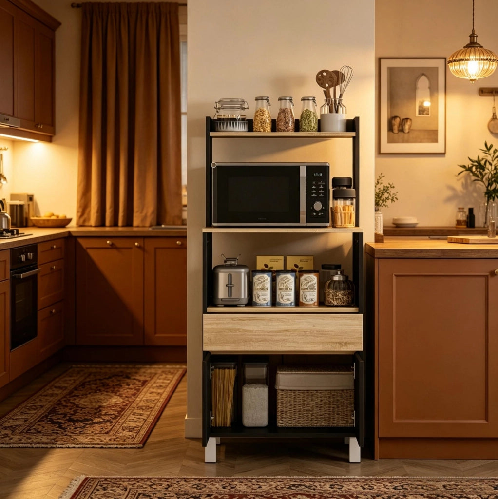 Mobile per microonde nero e rovere con cassetto e armadietto