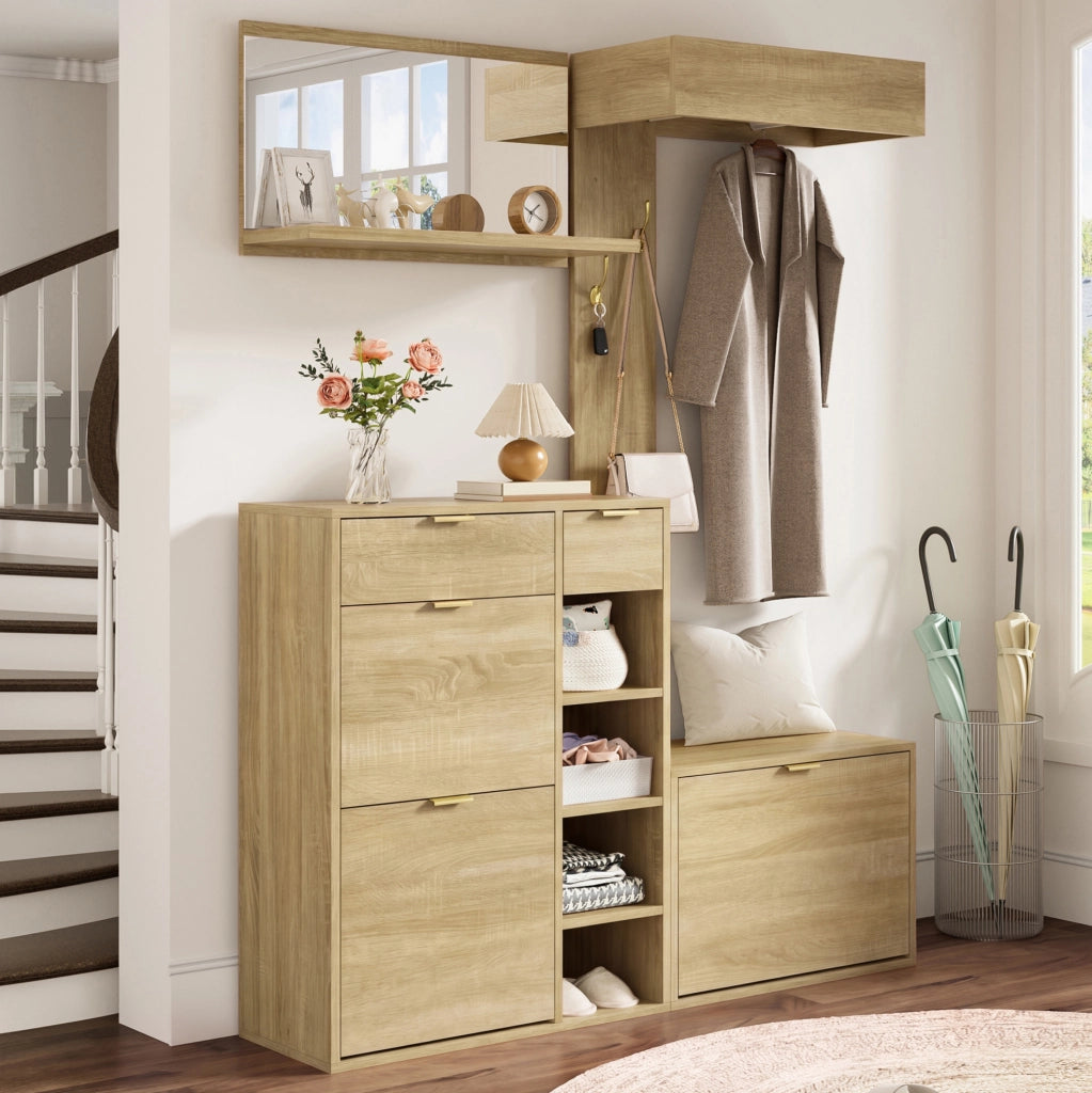 Set da ingresso 4 pezzi con scarpiera, panca, specchio e appendiabiti