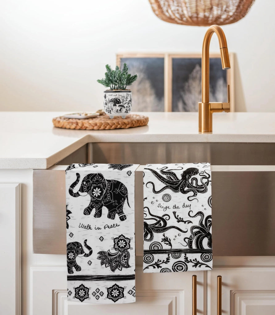 Strofinaccio da cucina in stile boho, motivo gatto bianco e nero, cotone, 45,72 x 55,88 cm