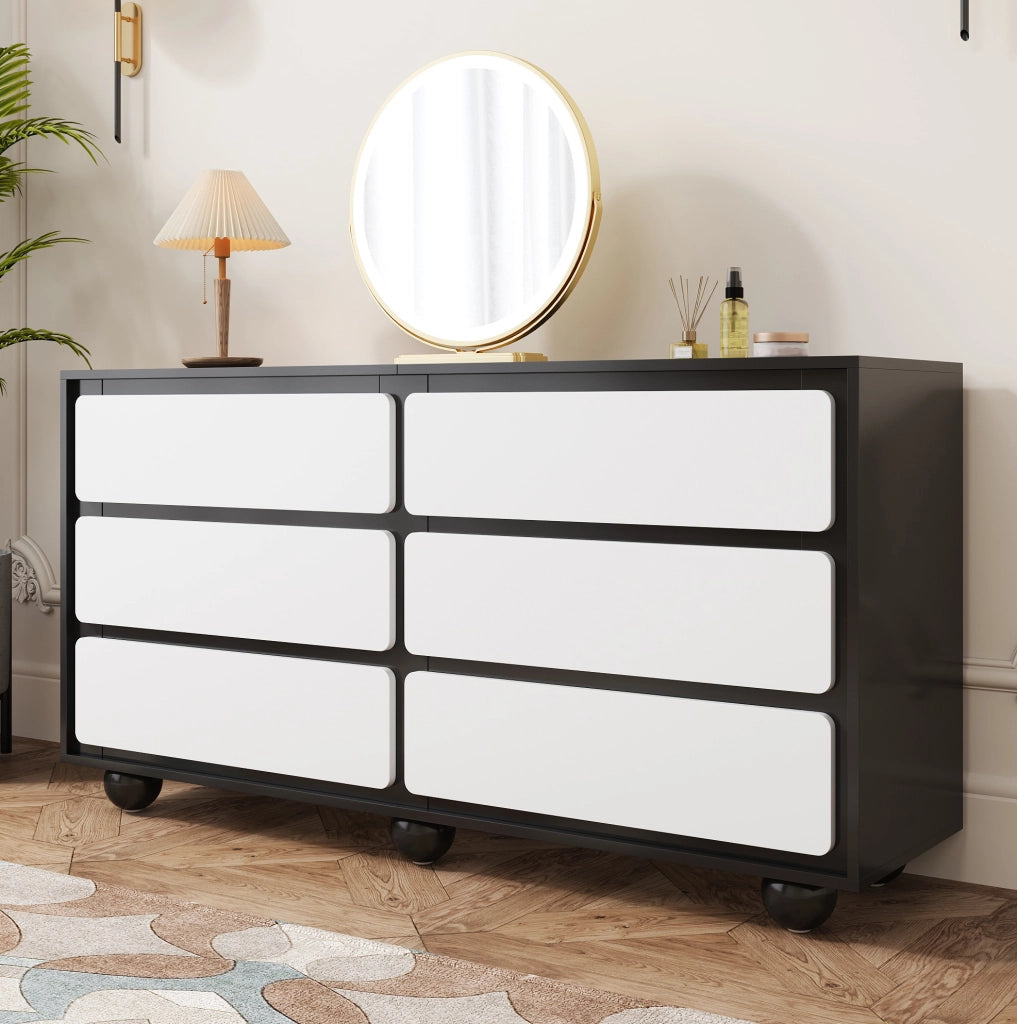 Cassettiera a sei cassetti 140x38x74,5 cm in truciolare bianco e nero